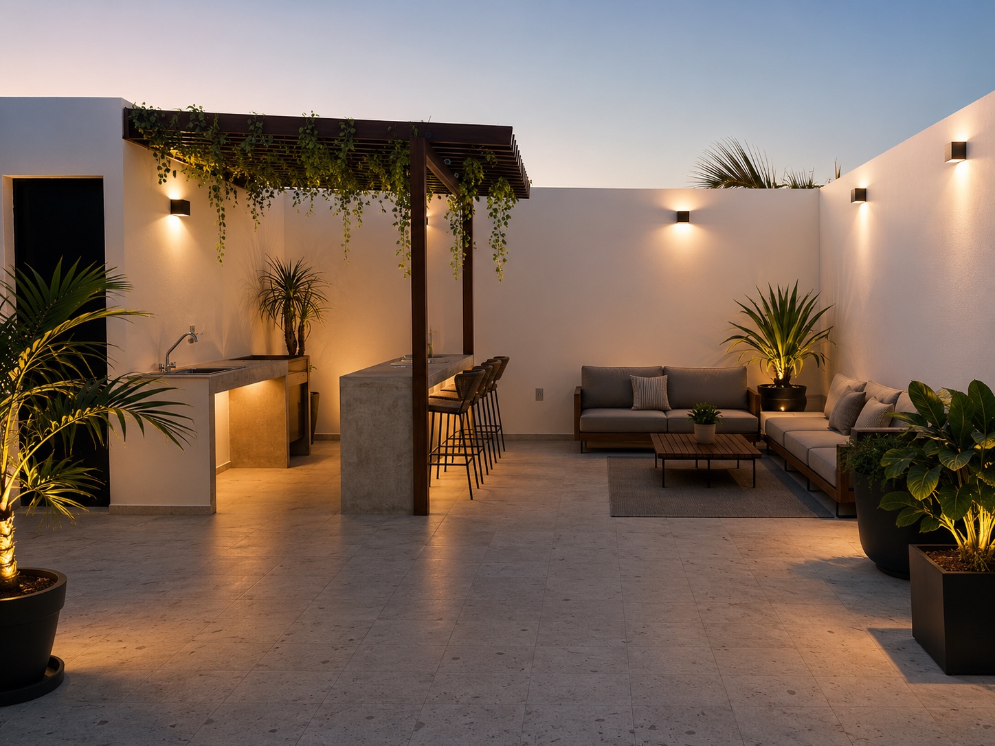 Roof garden con pérgola, barra, sala exterior y vegetación